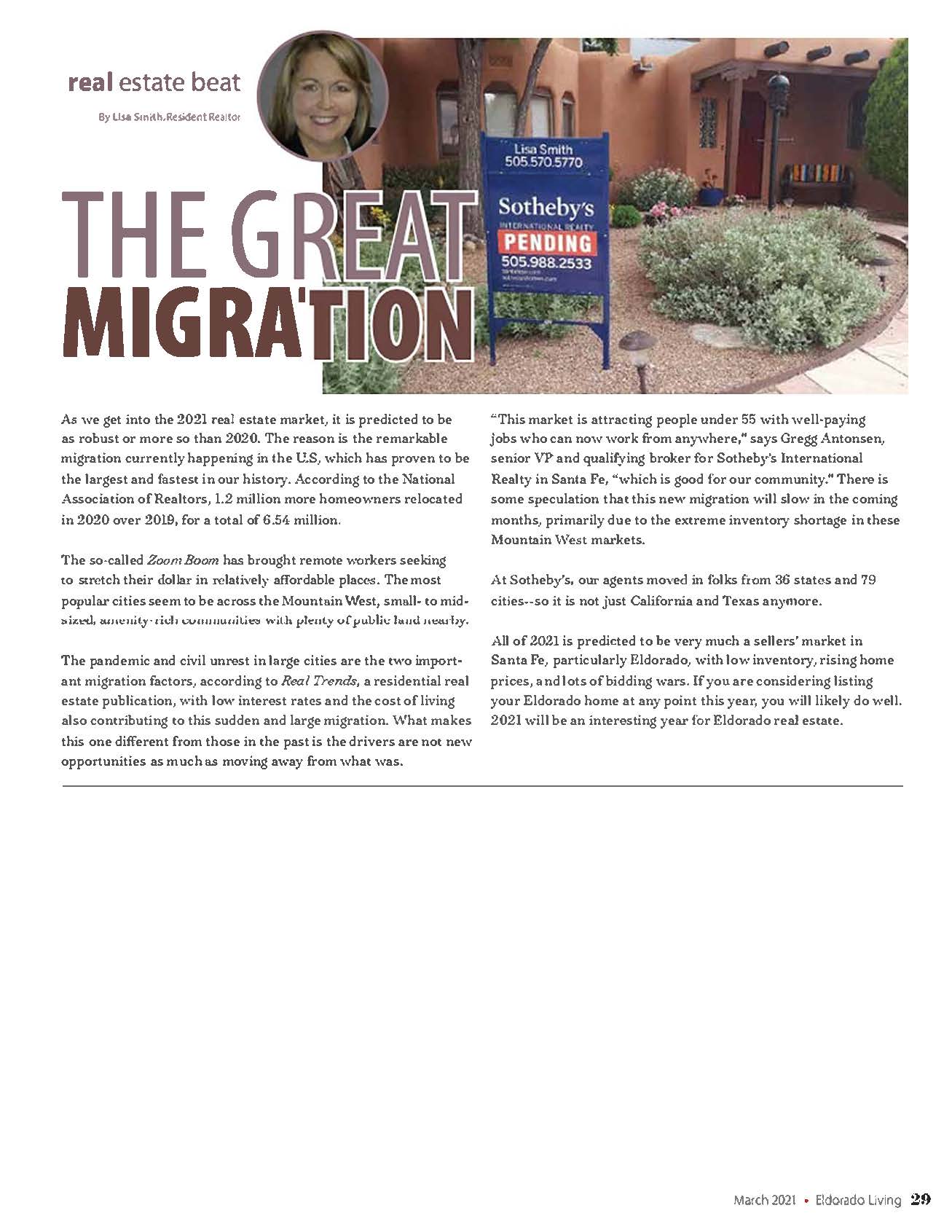 The Great Migration, Lisa Smith Real Estate Column Eldorado Living March 2021